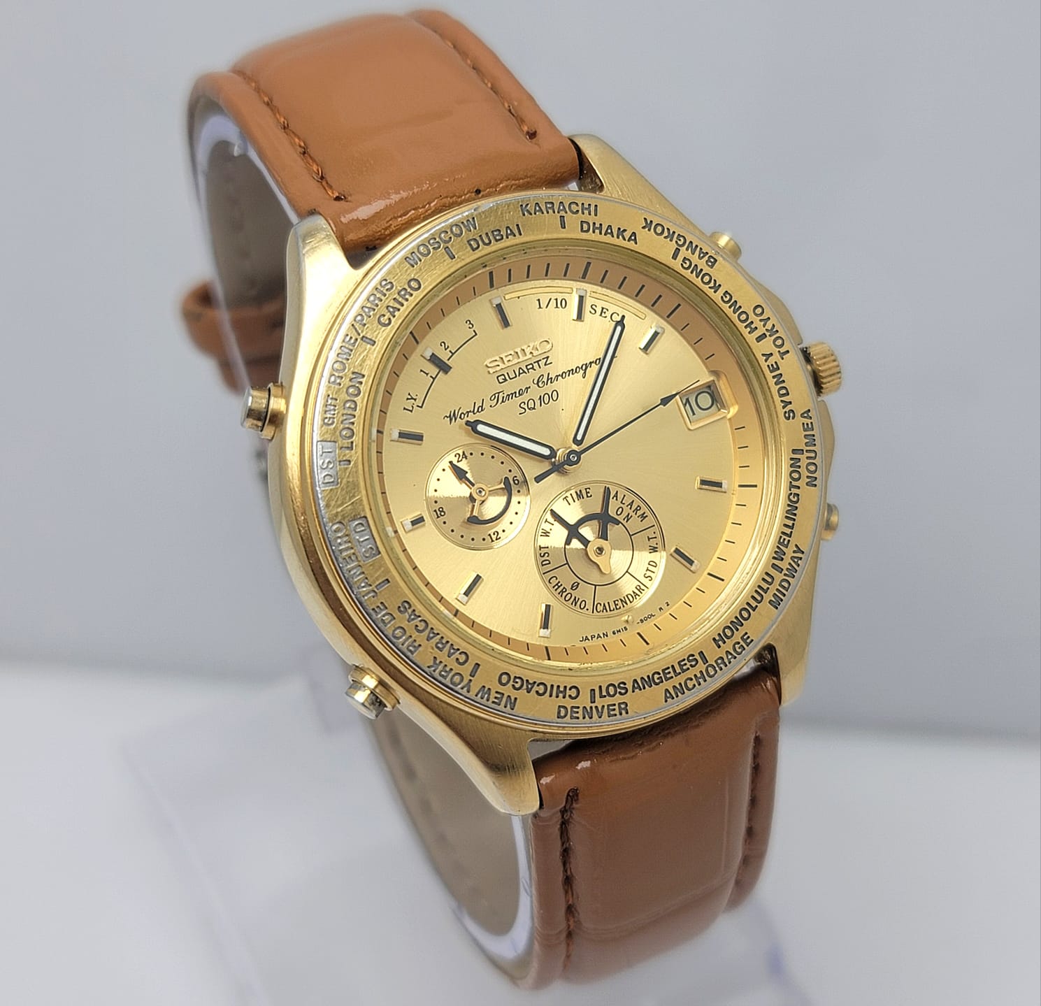 Seiko World Timer Chronograph SQ100 Quartz 6M15-8000 Vintage Men’s Watch
