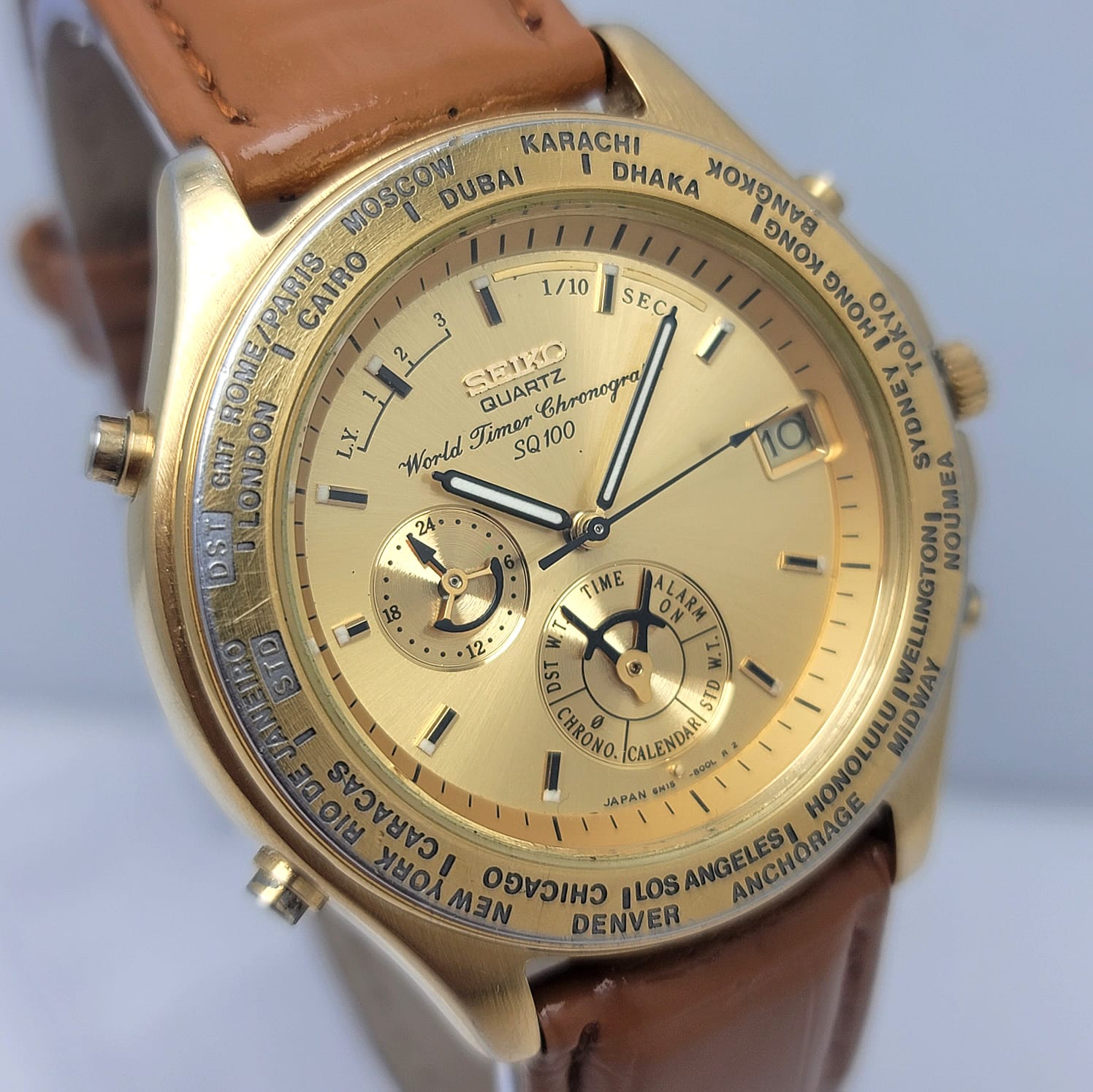 Seiko World Timer Chronograph SQ100 Quartz 6M15-8000 Vintage Men’s Watch