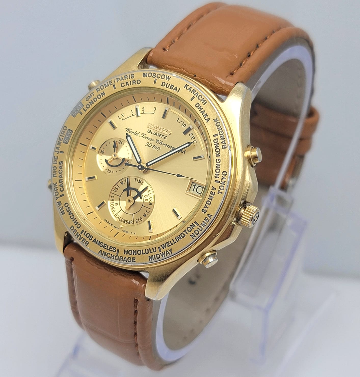 Seiko World Timer Chronograph SQ100 Quartz 6M15-8000 Vintage Men’s Watch