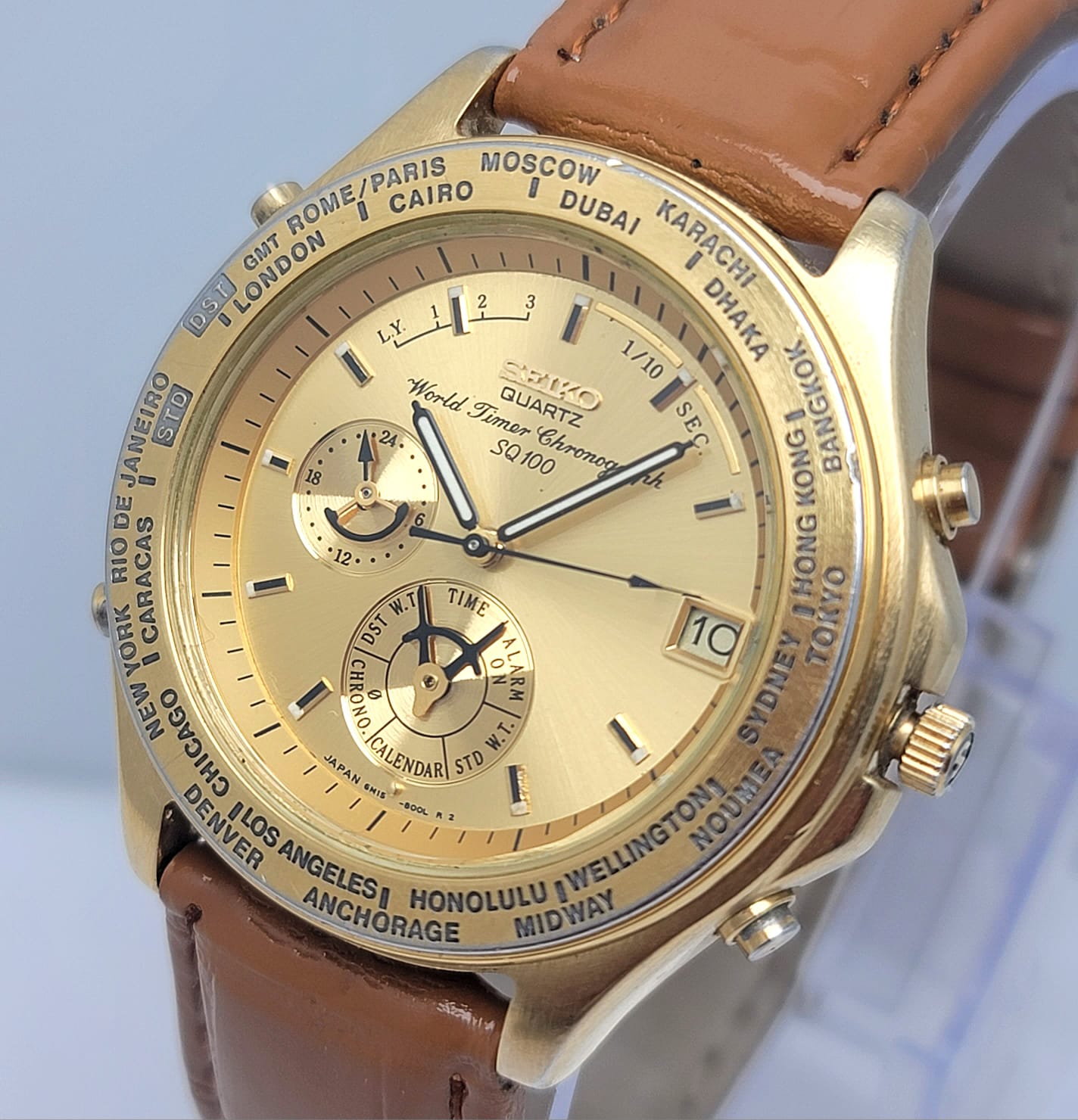 Seiko World Timer Chronograph SQ100 Quartz 6M15-8000 Vintage Men’s Watch